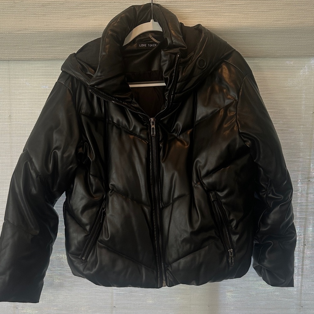 Love Token Black Faux Leather Quilted Puffer Jacket